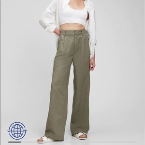 High Rise Linen-Cotton Pleated Wide Leg Pants with Washwell